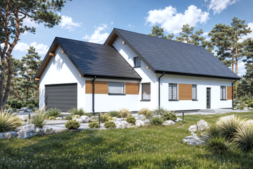 Projekt domu Planujdom 175 - parterowy dom o powierzchni 83,80 m², dach dwuspadowy, koszt budowy 250 000 zł - ujęcie frontu