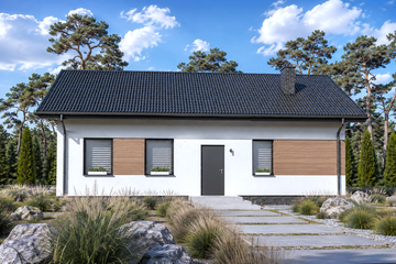 Projekt domu Planujdom 179 - parterowy dom o powierzchni 67,04 m², dach dwuspadowy, koszt budowy 183 000 zł - ujęcie frontu