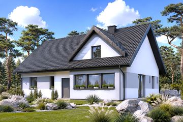 Projekt domu Planujdom 186 - parterowy dom o powierzchni 85,92 m², dach dwuspadowy, koszt budowy 233 000 zł - ujęcie frontu