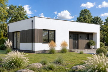 Projekt domu Planujdom 199 - parterowy dom o powierzchni 70,92 m², dach płaski, koszt budowy 195 000 zł - ujęcie frontu