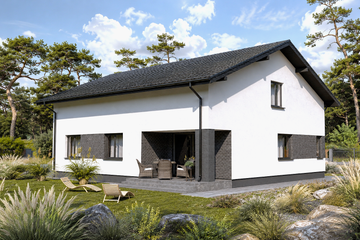 Projekt domu Planujdom 202 - parterowy dom o powierzchni 113,39 m², dach dwuspadowy, koszt budowy 321 000 zł - ujęcie frontu
