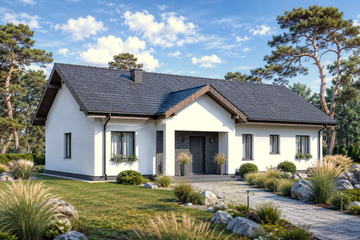 Projekt domu Planujdom 203 - parterowy dom o powierzchni 129,91 m², dach dwuspadowy, koszt budowy 345 000 zł - ujęcie frontu