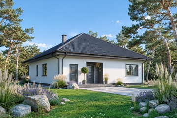 Projekt domu Planujdom 210 - parterowy dom o powierzchni 123,40 m², dach kopertowy, koszt budowy 361 000 zł - ujęcie frontu