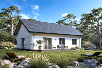 Projekt domu Planujdom 212 - parterowy dom o powierzchni 112,68 m², dach dwuspadowy, koszt budowy 299 000 zł - ujęcie frontu