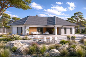 Projekt domu Planujdom 214 - parterowy dom o powierzchni 172,64 m², dach wielospadowy, koszt budowy 510 000 zł - ujęcie frontu