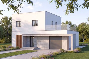 Projekt domu ST34 MD-01 - z pełnym piętrem dom o powierzchni 109,53 m², dach płaski, koszt budowy 274 000 zł - ujęcie frontu