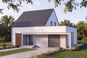 Projekt domu ST34 MD-03 - parterowy z poddaszem dom o powierzchni 100,40 m², dach dwuspadowy, koszt budowy 255 000 zł - ujęcie frontu