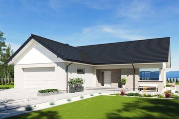 Projekt domu N53-G2 - parterowy dom o powierzchni 109,22 m², dach dwuspadowy, koszt budowy 364 000 zł - ujęcie frontu