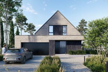 Projekt domu Idealny 4 - parterowy z poddaszem dom o powierzchni 165,30 m², dach dwuspadowy, koszt budowy 426 000 zł - ujęcie frontu