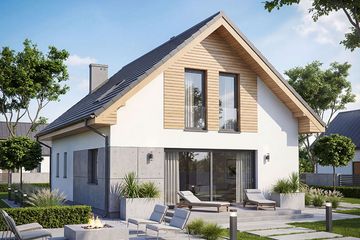 Projekt domu Krajobrazy 129 - parterowy z poddaszem dom o powierzchni 129,09 m², dach dwuspadowy, koszt budowy 348 000 zł - ujęcie frontu