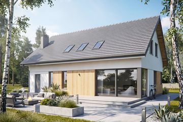 Projekt domu Krajobrazy 142 - parterowy z poddaszem dom o powierzchni 127,96 m², dach dwuspadowy, koszt budowy 333 000 zł - ujęcie frontu