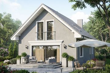 Projekt domu Krajobrazy 150 - parterowy z poddaszem dom o powierzchni 128,88 m², dach dwuspadowy, koszt budowy 348 000 zł - ujęcie frontu