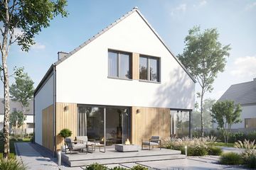 Projekt domu Studio 121 - parterowy z poddaszem dom o powierzchni 114,14 m², dach dwuspadowy, koszt budowy 309 000 zł - ujęcie frontu