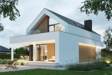 Projekt domu NewHouse 749 G1 - parterowy z poddaszem dom o powierzchni 99,93 m², dach dwuspadowy, koszt budowy 308 000 zł - ujęcie frontu