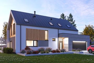 Projekt domu D461 - parterowy z poddaszem dom o powierzchni 139,09 m², dach dwuspadowy, koszt budowy 399 000 zł - ujęcie frontu