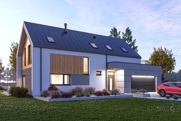 Projekt domu D461 - parterowy z poddaszem dom o powierzchni 139,09 m², dach dwuspadowy, koszt budowy 411 000 zł - ujęcie frontu