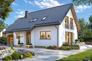 Projekt domu BW-36 wariant 18 z zad. tarasem - parterowy z poddaszem dom o powierzchni 99,60 m², dach dwuspadowy - ujęcie 2