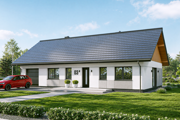Projekt domu Tani w budowie 3 - parterowy dom o powierzchni 105,09 m², dach dwuspadowy, koszt budowy 333 000 zł - ujęcie frontu