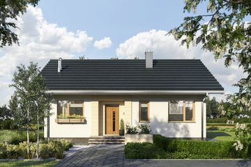 Projekt domu Antek (1751) - parterowy dom o powierzchni 63,60 m², dach dwuspadowy, koszt budowy 171 000 zł - ujęcie frontu