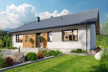 Projekt domu Tracja 2 modern - parterowy dom o powierzchni 99,38 m², dach dwuspadowy, koszt budowy 265 000 zł - ujęcie frontu