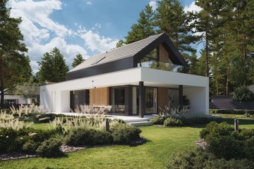 Projekt domu NewHouse 753 G2 w1 - parterowy z poddaszem dom o powierzchni 102,49 m², dach dwuspadowy, koszt budowy 296 000 zł - ujęcie frontu