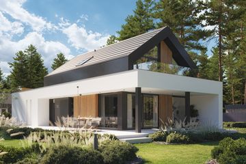 Projekt domu NewHouse 753 G2 w1 - parterowy z poddaszem dom o powierzchni 102,49 m², dach dwuspadowy, koszt budowy 317 000 zł - ujęcie frontu