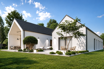 Projekt domu House 42 - parterowy dom o powierzchni 181,96 m², dach dwuspadowy, koszt budowy 571 000 zł - ujęcie frontu