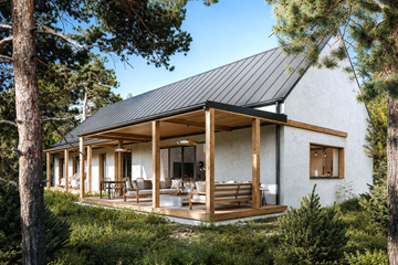 Projekt domu House 45 - parterowy dom o powierzchni 151,57 m², dach dwuspadowy, koszt budowy 460 000 zł - ujęcie frontu