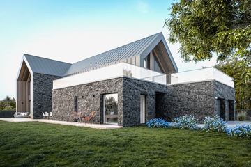 Projekt domu House x29 - parterowy z poddaszem dom o powierzchni 248,57 m², dach wielospadowy, koszt budowy 768 000 zł - ujęcie frontu