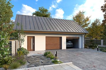 Projekt garażu G18 - parterowy dom o powierzchni 56,72 m², dach dwuspadowy - ujęcie frontu