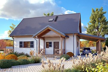 Projekt domu Koniczynka 2 - parterowy z poddaszem dom o powierzchni 117,66 m², dach dwuspadowy, koszt budowy 284 000 zł - ujęcie frontu