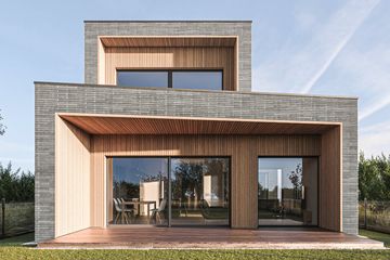 Projekt domu House x13 - z pełnym piętrem dom o powierzchni 180,47 m², dach płaski, koszt budowy 528 000 zł - ujęcie frontu