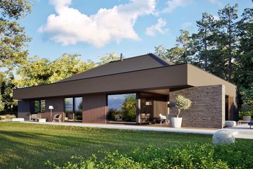 Projekt domu EX 22 G2 (wersja A) energo plus - parterowy dom o powierzchni 147,61 m², dach kopertowy, koszt budowy 477 000 zł - ujęcie frontu