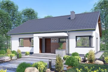 Projekt domu APS 353 - parterowy dom o powierzchni 100 m², dach dwuspadowy, koszt budowy 287 000 zł - ujęcie frontu