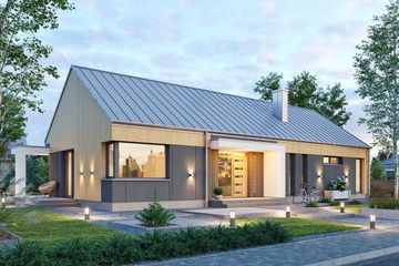 Projekt domu Domena 171 C4 - parterowy dom o powierzchni 121,88 m², dach płaski, koszt budowy 349 000 zł - ujęcie frontu