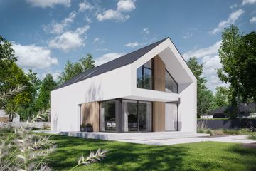 Projekt domu NewHouse 758 - parterowy z poddaszem dom o powierzchni 114,07 m², dach dwuspadowy, koszt budowy 328 000 zł - ujęcie frontu