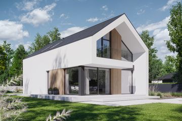 Projekt domu NewHouse 758 - parterowy z poddaszem dom o powierzchni 114,07 m², dach dwuspadowy, koszt budowy 351 000 zł - ujęcie frontu