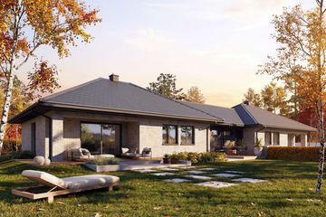 Projekt domu Mini 1 G2 plus (dwulokalowy) - parterowy dom o powierzchni 157,90 m², dach dwuspadowy - ujęcie frontu