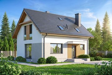 Projekt domu Dolce - parterowy z poddaszem dom o powierzchni 99,44 m², dach dwuspadowy, koszt budowy 259 000 zł - ujęcie frontu
