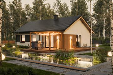 Projekt domu w Zaciszu Komfort + - parterowy dom o powierzchni 80 m², dach dwuspadowy, koszt budowy 214 000 zł - ujęcie frontu