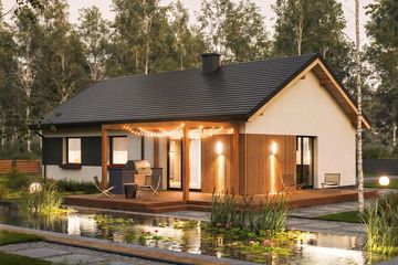 Projekt domu w Zaciszu Komfort + - parterowy dom o powierzchni 80 m², dach dwuspadowy, koszt budowy 214 000 zł - ujęcie frontu