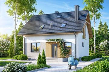 Projekt domu Dolce mini - parterowy z poddaszem dom o powierzchni 88,99 m², dach dwuspadowy, koszt budowy 217 000 zł - ujęcie frontu