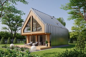 Projekt domu L-302 Weranda - parterowy z poddaszem dom o powierzchni 92,74 m², dach dwuspadowy - ujęcie frontu