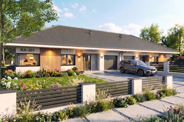 Projekt domu Ka301 - parterowy dom o powierzchni 234,22 m², dach kopertowy - ujęcie frontu