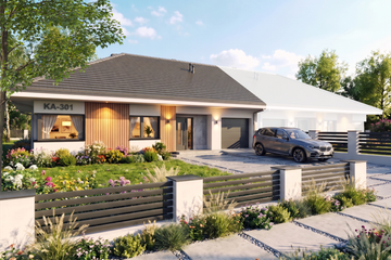 Projekt domu Ka301 S - parterowy dom o powierzchni 117,11 m², dach kopertowy, koszt budowy 319 000 zł - ujęcie frontu