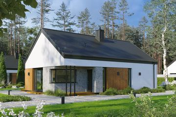 Projekt domu EG-95 wariant IV - parterowy dom o powierzchni 94,13 m², dach dwuspadowy, koszt budowy 322 000 zł - ujęcie frontu