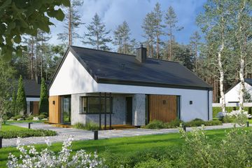 Projekt domu EG-95 wariant IV - parterowy dom o powierzchni 94,13 m², dach dwuspadowy, koszt budowy 301 000 zł - ujęcie frontu