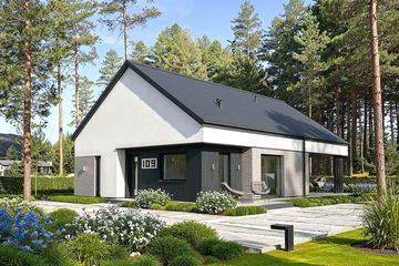 Projekt domu EG-109 wariant IV - parterowy dom o powierzchni 105,31 m², dach dwuspadowy, koszt budowy 351 000 zł - ujęcie frontu