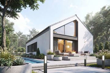 Projekt domu Studio 117 - parterowy dom o powierzchni 99,40 m², dach dwuspadowy, koszt budowy 324 000 zł - ujęcie frontu