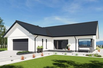 Projekt domu N55-G2 - parterowy dom o powierzchni 118,87 m², dach dwuspadowy, koszt budowy 366 000 zł - ujęcie frontu